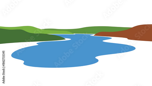 A serene illustration depicts a stylized landscape with a blue waterway flanked by green and brown hills, against a stark white background