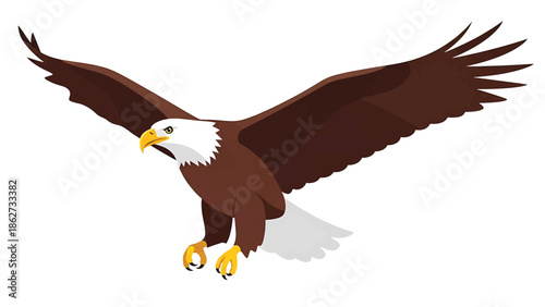 A regal avian creature soars, its wings outstretched in dynamic flight. Brown feathers and a white head stand out, on white background