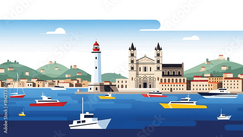 A seaside illustration showcases a coastal town with boats on the water, a prominent church, and a lighthouse, all against a serene blue sky