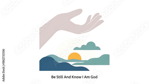 A serene illustration features a hand above a stylized landscape with mountains, clouds, and a setting sun, evoking peace. A phrase below