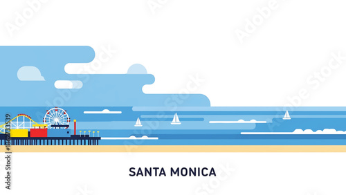A seaside illustration showing a pier with rides, sailboats on the water, and clouds above. The beach is sandy. Text is at bottom