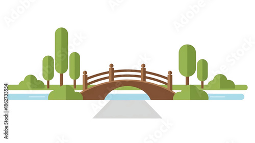 A serene illustration features a stylized wooden bridge spanning water, framed by trees and green shrubbery, and a grey path in the foreground