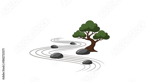 A serene illustration features a tree, stones, and raked sand lines, evoking a sense of tranquility, harmony, and meditation