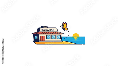 A seaside restaurant illustration with a butterfly, sun, and stylized ocean. It captures the essence of a peaceful beach scene