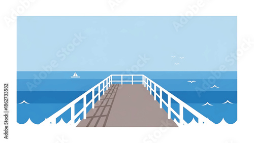 A seaside illustration showing a wooden pier extending into the ocean. The calm sea has a small sailboat and birds