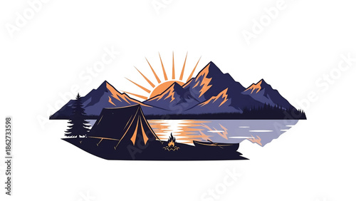A scenic graphic illustration showcasing a campsite at sunrise. Features mountains, lake with reflection, a tent, fire, boat, and trees
