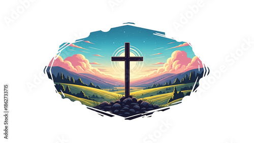 A scenic illustration features a large cross atop a hill with a sunrise sky, pink clouds, and rolling green hills. The cross is centered