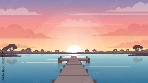 A serene landscape depicts a sunset over a lake, with a wooden pier extending into the calm water. Silhouettes of trees dot the horizon