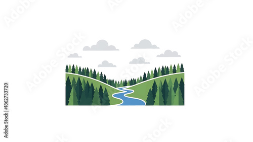 A scenic illustration features a stylized mountain landscape, showcasing a river winding between green hills with evergreen trees under a cloudy sky
