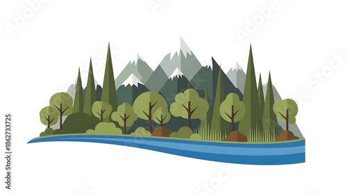 A scenic illustration features a stylized mountain range with snow-capped peaks, behind trees of varied shapes and sizes, next to a river