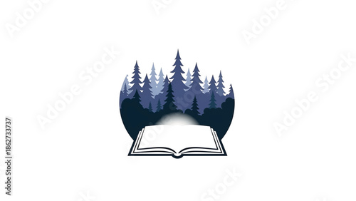 A serene illustration features an open book below a forest silhouette, suggestive of reading in nature. White space surrounds the image
