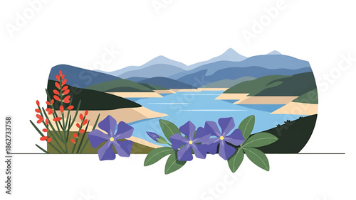 A scenic illustration features a tranquil lake framed by mountains, lush greenery, and vibrant flowers. The aesthetic uses flat design with texture