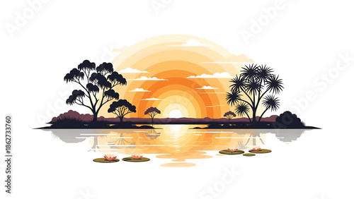 A serene landscape depicts a sunset over a reflective lake. Silhouette trees and lily pads are visible. Warm colors are used