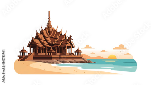 A scenic illustration features a traditional temple on a sandy beach at sunset, with blue ocean and small clouds in the sky