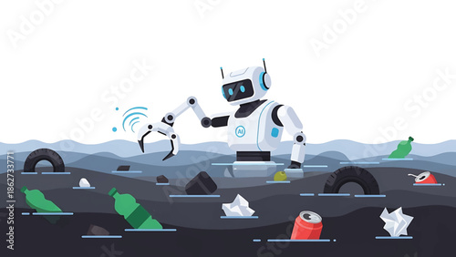 A robotic figure, designed with AI, cleaning polluted water. The scene includes various trash items like tires and bottles