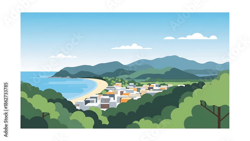 A serene seaside scene depicts a bay with a sandy beach, nestled between green mountains and lush foliage. Small buildings are visible. Blue sky