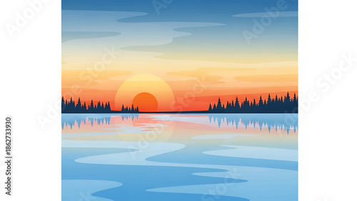 A serene landscape features a fiery sunset over a lake, with silhouetted trees along the horizon and a reflection in the water