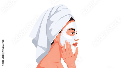 A side profile of a woman in a skincare routine, wearing a white face mask and a towel. Her hand touches the mask