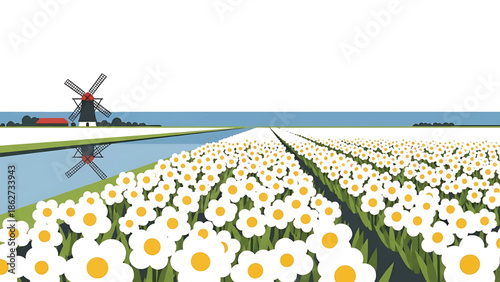 A scenic landscape features a windmill and a river reflecting it, with rows of white flowers with yellow centers. A blue sea and sky complete the view