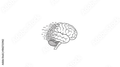 A side view depiction of a human brain with a speeding motion effect on its left side, drawn in clean, simple lines against a white background