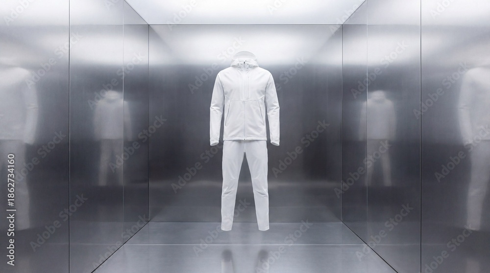 Obraz premium Minimalist White Techwear Outfit in a Sleek, Reflective Chrome Display Room, Modern Performance Apparel