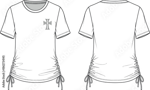 Women White Short Sleeve Crew Neck T-Shirt Vector Technical Fashion Illustration with Side Ruched Drawstring Detail and Cross Logo Graphic