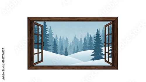 A serene winter landscape, viewed through an open, wooden framed window. Snow-covered hills and evergreen trees fill the horizon