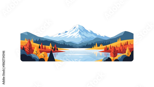 A serene landscape illustration featuring a snow-capped mountain range, with a lake reflecting the mountains and surrounding autumn trees