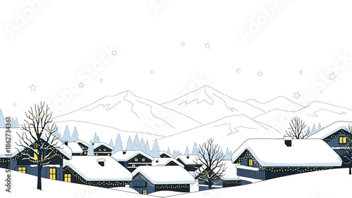 A serene winter scene depicts a village nestled amidst snowy mountains, adorned with festive lights under a starlit sky