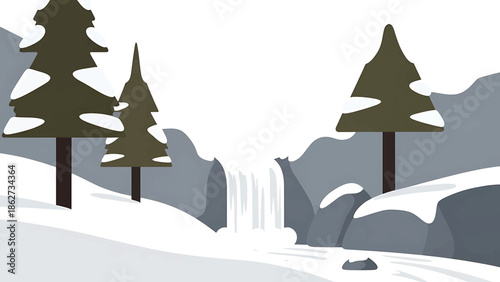 A serene winter scene depicts a waterfall cascading between snowy rocks, evergreen trees, and a snowy landscape. The overall tone is calm