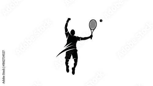 A silhouette depicts a tennis player mid-serve, racket raised, ball in flight, and player jumping upwards in joyful motion. Motion lines indicate power