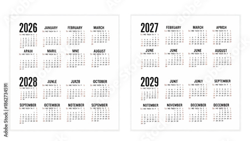 A set of four-year calendars (2026-2029) is displayed on white background, showcasing the months and days. The layout is clean and minimalist