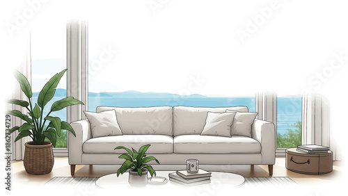 A serene living room scene, featuring a white sofa with pillows, lush potted plants, a round coffee table, a side table and large window overlooking a tranquil seascape