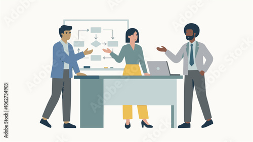 Three diverse business professionals collaborate around a desk with a laptop and a whiteboard displaying a flowchart diagram during a productive meeting on transparent background