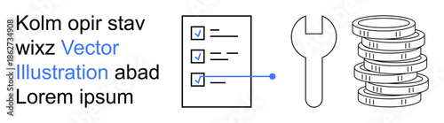 Planning, maintenance, finance, organization, task management, repair services. A checklist, wrench and stack of coins are . Planning and maintenance concepts visually conveyed