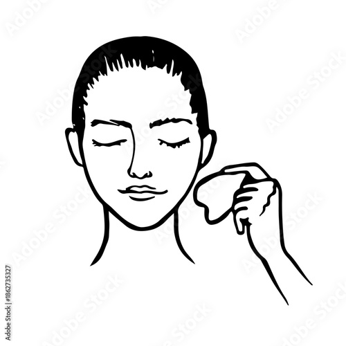 hand-drawn vector illustration of a woman with closed eyes using a gua sha stone for facial massage
