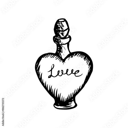 Minimalist hand-drawn vector sketch of a heart-shaped glass bottle or love potion with "Love" text.