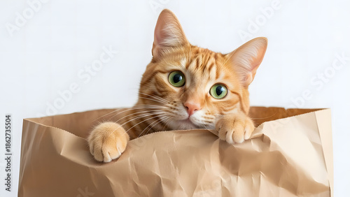 A curious orange cat peeking out of a brown paper bag on a white background