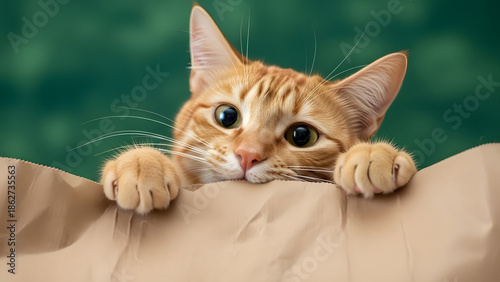 A curious orange tabby cat peeking over a brown paper bag with a blurred green background