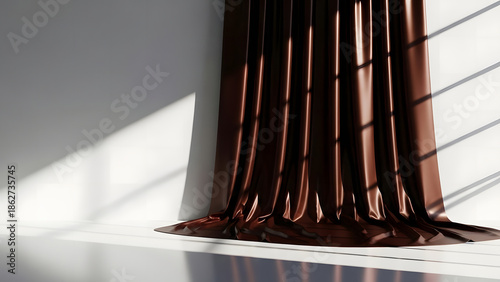 A brown curtain is open in a room with natural light shining through