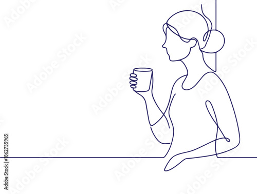 Minimalist Line Art Reflective Woman Holding Cup by Window