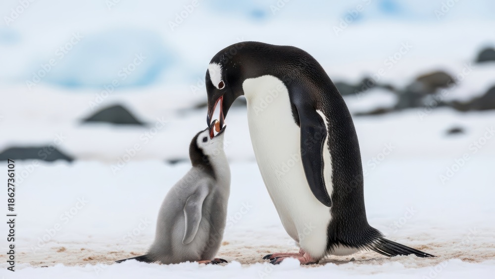 Obraz premium An adult Gentoo penguin feeds its fluffy chick on a snowy Antarctic landscape, showcasing a tender moment of parental care in the wild.