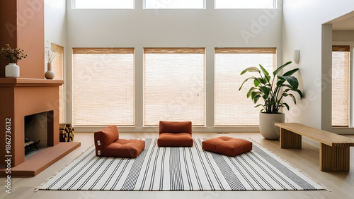 A modern living room with a fireplace and large windows overlooking the water