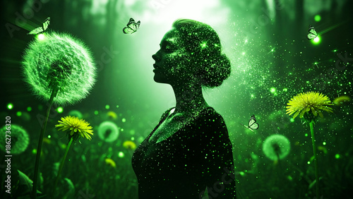 Silhouette Of A Woman Glowing With Green Ethereal Particles Surrounded By Bioluminescent Dandelions And Delicate Butterflies In A Magical Dreamscape