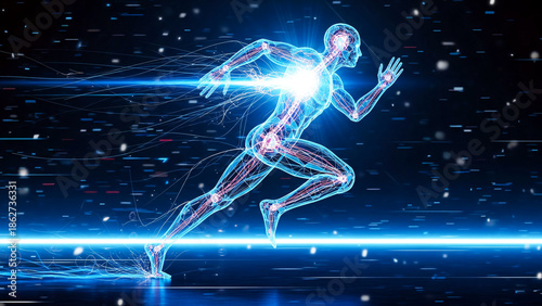 Digital Visualization Of An Athletic Human Body Silhouette Running At High Speed Powered By Glowing Energy And Advanced Biomechanics Technology