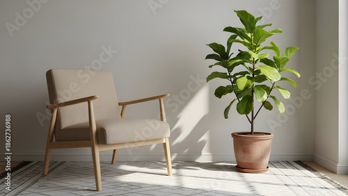 A serene indoor setting featuring a comfortable chair and a lush green plant in a modern room with natural light