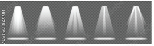 Creative vector illustration of bright lighting spotlights set. Realistic set of five white stage spotlights casting bright beams on transparent background. This image features a collection of five re