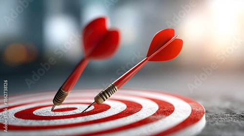 Two vibrant red darts strike the bullseye of a emphasizing precision and successful achievement of a defined goal or objective clearly.