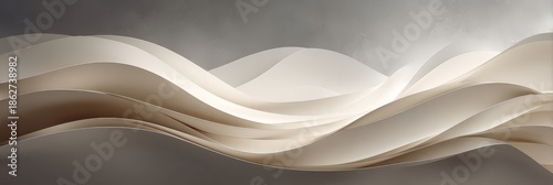 Elegant curved layers of beige and white abstract paper waves create a soothing, modern design on a textured gray background.