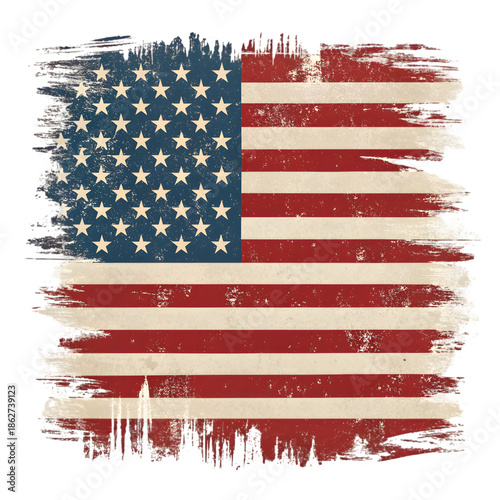 Distressed American Flag Grunge Design. Vintage USA Patriotism Symbol. United States National Banner Element. on transparent background